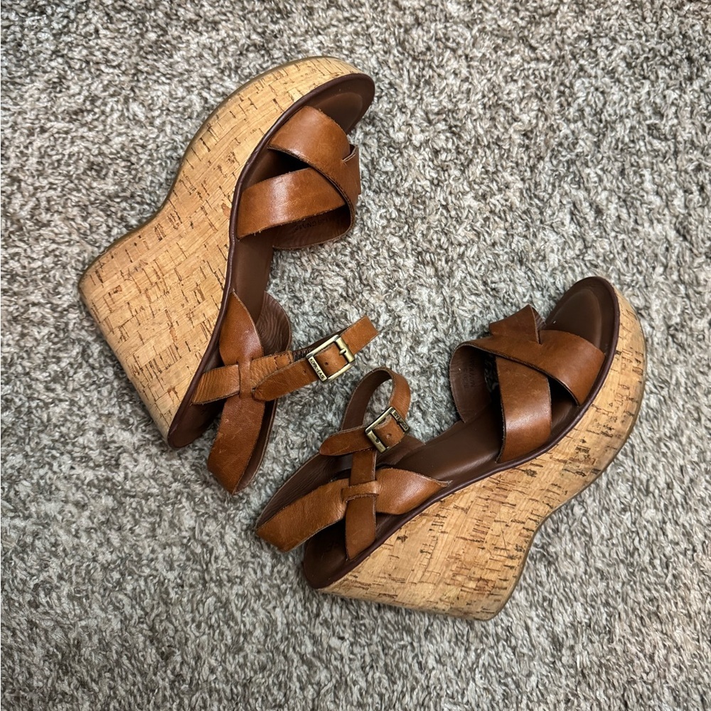 Kork-Ease Brown Leather Cork Wedge Sandals Size 6